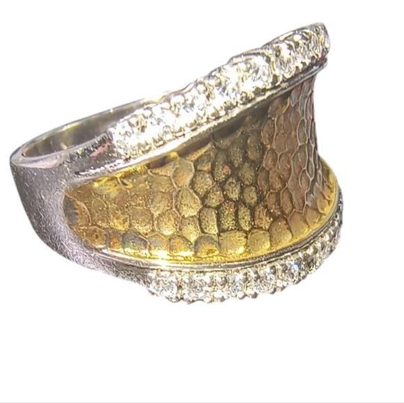 Joseph Esposito Chunky Two-tone Hammered CZ and Sterling Silver Ring - Picture 2 of 12